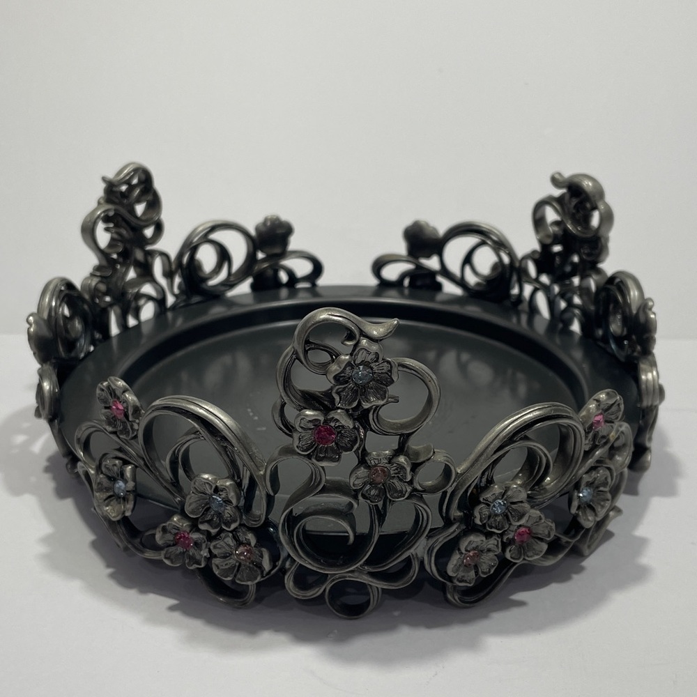 Partylite Jewel 3 wick candle Holder Pewter Floral Scroll  8" Diameter